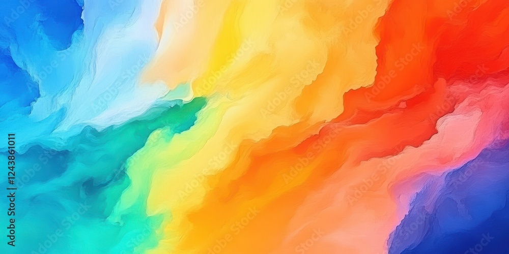 Poster Abstract color splash in vibrant digital painting featuring fluid brush strokes and dynamic color transitions from cool blues to warm reds and oranges for creative design background and print