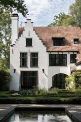 Obraz premium A stunning white house featuring distinctive architectural design is nestled amidst vibrant green foliage and a serene, peaceful garden space