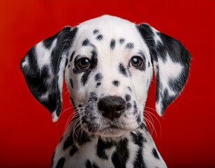 a dalmatian puppy is looking at the camera with a red background