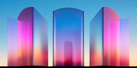 Futuristic cityscape with abstract skyscrapers in vibrant neon colors digital art modern architecture concept design for print or poster with gradient background and glowing tones