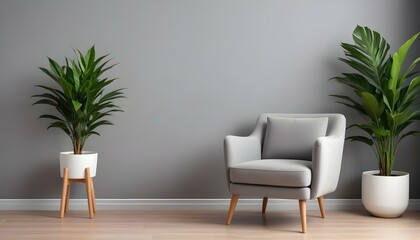 Un moderno sillón gris con patas de madera en una habitación luminosa y minimalista con una maceta