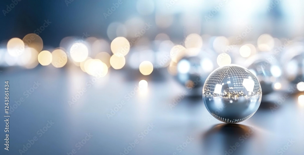 Fototapete A series of shiny spheres reflect light and create a captivating atmosphere in a softly lit indoor space. The arrangement enhances the overall aesthetic with sparkling reflections.