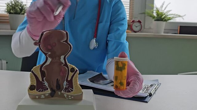 Doctor explains anatomy of human rectum and holds pills. Treatment of hemorrhoids   rectal fissures