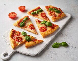 a white cutting board topped with slices of pizza covered in cheese and tomatoes