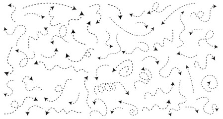 Set of simple dotted lines hand drawn black arrows in various style, Set of simple of hand drawn black arrows