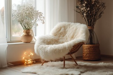 Cozy living room chair with decorative plants warm home environment