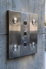 Stainless Steel Wall Mounted Device with Circular Buttons in Urban Setting