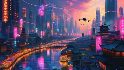 Cyberpunk Utopia at Night, cyberpunk cityscape, towering neon-lit skyscrapers, holographic billboards, bustling canal, glowing phosphorescent wate, Ultra-modern architecture, ancient Asian pagodas