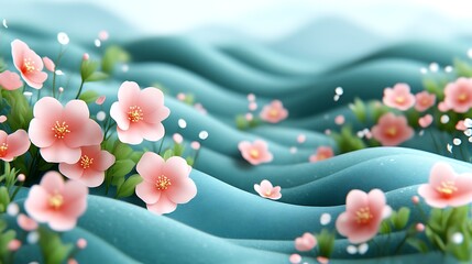 Delicate Pink Blossoms on a Teal Wavy Surface