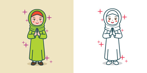 A cute muslim girl greeting for Ramadan Design element or coloring book element