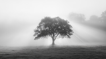 Obraz premium Solitary Tree in Misty Meadow: A Black and White Masterpiece