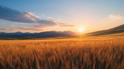 A serene sunset casts a golden glow over a vast wheat field, framed by distant mountains and a clear sky.