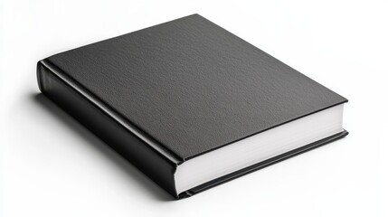 A simple, black hardcover book resting on a surface, showcasing its textured cover and clean, white pages.