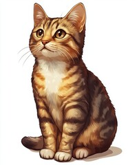 Obraz premium Realistic portrait of a cute tabby cat with expressive eyes sitting upright against a light background, showcasing its vibrant colors and playful demeanor