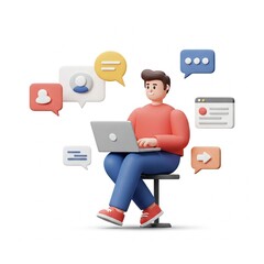 Young smiling man working on laptop computer. Content filling, content management and social media concept. 3d vector people character illustration. Cartoon minimal style.