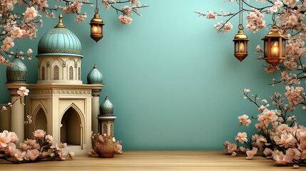 Elegant Mosque Model with Blossoming Branches and Lanterns