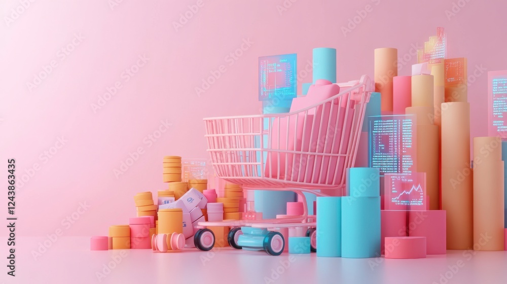 Poster a colorful shopping cart surrounded by various pastel blocks and coins, creating a playful and vibra