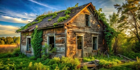 Rustic Wooden House Overgrown with Lush Vegetation at Sunset