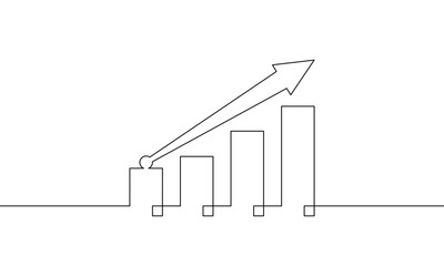 Continuous line drawing of increasing arrow up. vector illustration. Flat icon of graph. Single line art of bar chart. Object one line of business growth. Sign symbol