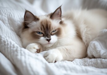 Relaxed fluffy cat with unique markings resting on soft white bedding, conveying a sense of calm and tranquility in a cozy home environment