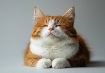Obraz premium Relaxed ginger cat with closed eyes resting peacefully against a soft, neutral background showcasing serene feline beauty and tranquility in a cozy position