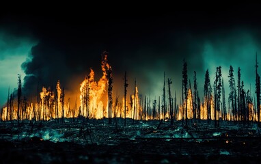 A scene of glowing forest trees covered in thick ash after a volcanic eruption, with the sky darkened by lingering smoke. The eerie silence contrasts with the previously lush environment 