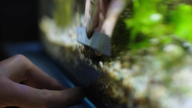 Aquarium service. Cleaning the glass in the aquarium.