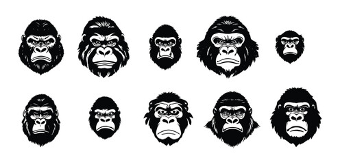 Gorilla head vector silhouettes on a white background.