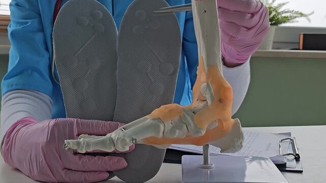 Doctor installing a custom orthopedic insole on a patient foot 