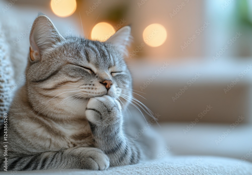 Poster relaxed grey tabby cat resting on couch with gentle smile and soft background bokeh lights, cozy hom