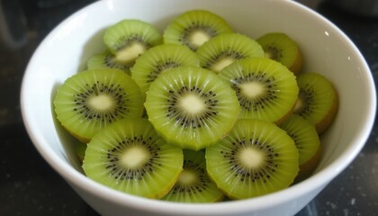 Closeup of fresh, ripe kiwi fruit slices in a bowl showing off their green color and juicy texture, emphasizing their tropical, healthy, and vitamin-rich qualities.