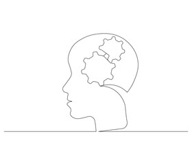 Continuous one line drawing of human head with gears inside. Single line drawing illustration of Cogwheels. Gears inside concept vector art. Doodle line illustration.
