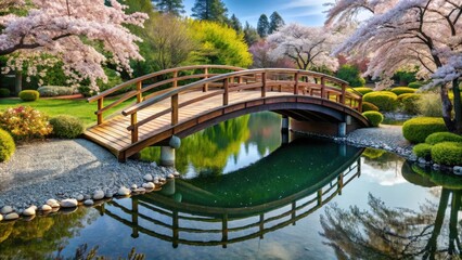 Naklejka premium Serene Garden Bridge Reflecting in a Tranquil Pond Under Blossoming Trees