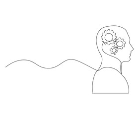 Continuous one line drawing of human head with gears inside. Single line drawing illustration of Cogwheels. Gears inside concept vector art. Doodle line illustration.
