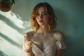 A young woman with shoulder-length wavy hair, wearing an off-shoulder dress, poses against a textured teal wall.