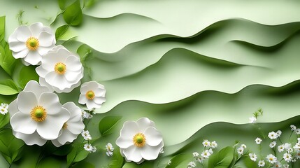 White Flowers and Green Wavy Background Design