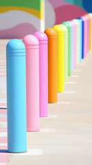 Obraz premium Brightly colored bollards in playful street setting create vibrant atmosphere