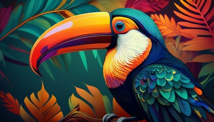 Fototapeta premium um tucano colorido sentado no topo de um galho de arvore na frente de folhas