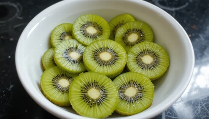 Closeup of fresh, ripe kiwi fruit slices in a bowl showing off their green color and juicy texture, emphasizing their tropical, healthy, and vitamin-rich qualities.