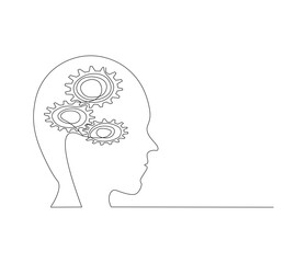 Continuous one line drawing of human head with gears inside. Single line drawing illustration of Cogwheels. Gears inside concept vector art. Doodle line illustration.
