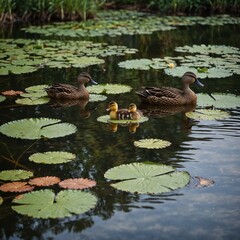 A family of ducks paddling through a peaceful pond with lily pads.