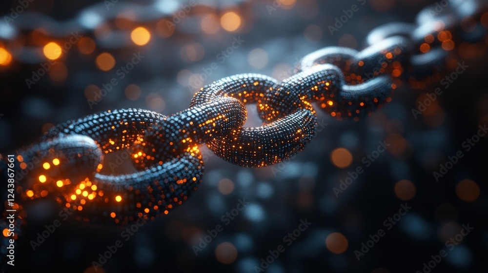 Poster close-up view of a glowing chain link with vibrant particles in a dark, abstract background