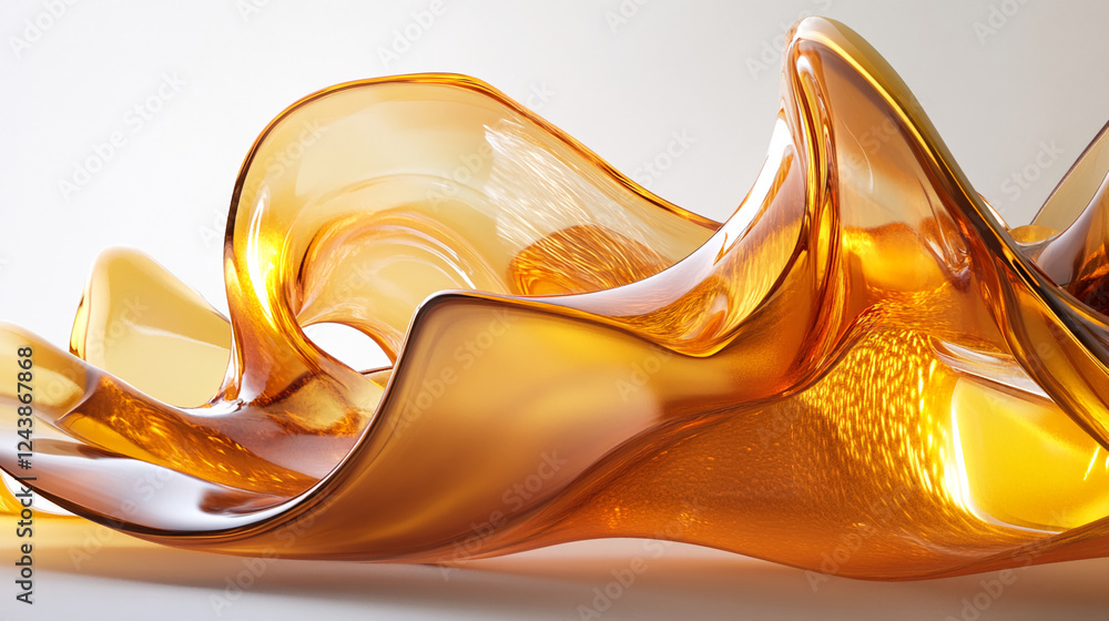 Poster Close-up of an amber-colored fluid sculpture with elegant flowing curves and folds, showcasing modern art and design concepts with light reflection and texture.