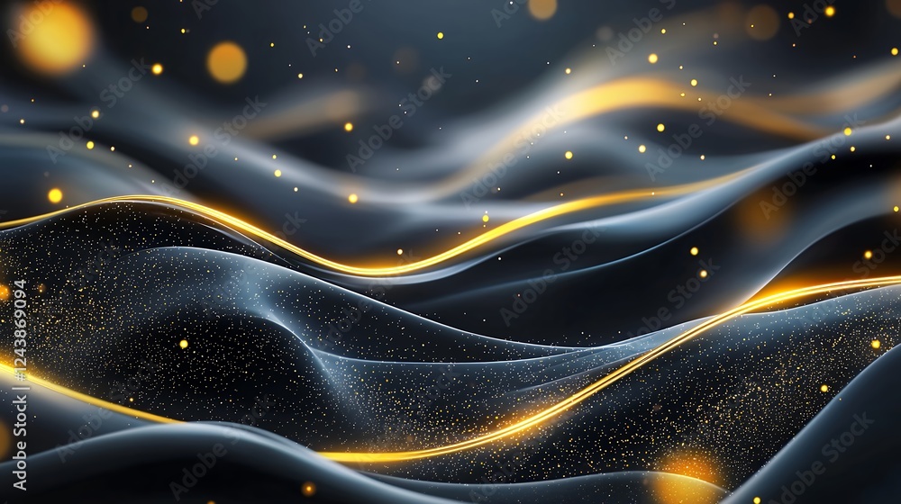 Poster dark abstract background with golden waves and glowing particles