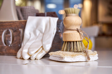Eco-style cleaning, wooden brushes with natural bristles and loofah sponges for washing dishes