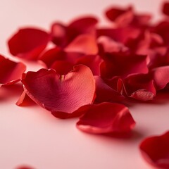 A soft pink background with scattered red rose petals, creating a romantic and elegant composition. Perfect for greeting cards, wedding invitations, and Valentine's Day promotions.
