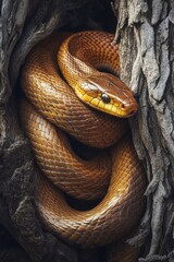 Taipan (Oxyuranus microlepidotus) snake, known as the world's most venomous snake and living in the interior of Australia, looks around wrapped in the branches of a tree in its natural habitat. 