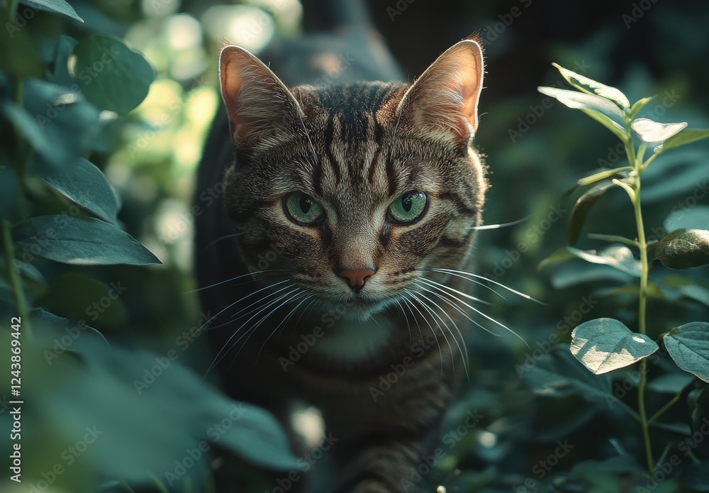 Poster striking close-up of a focused tabby cat navigating through lush greenery in a soft natural light en