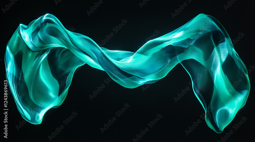 Poster close-up of flowing transparent turquoise fabric with smooth, curving shapes and soft light reflecti