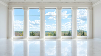 Fototapeta premium Luxurious room, panoramic windows, spring view, empty space, interior design